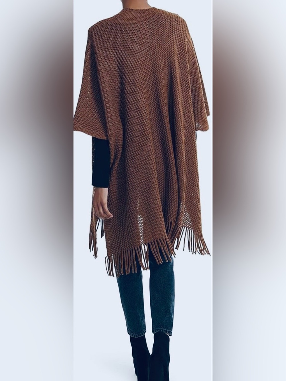 STEVE MADDEN Open Knit Fringed Ruana Wrap OSFM Brown